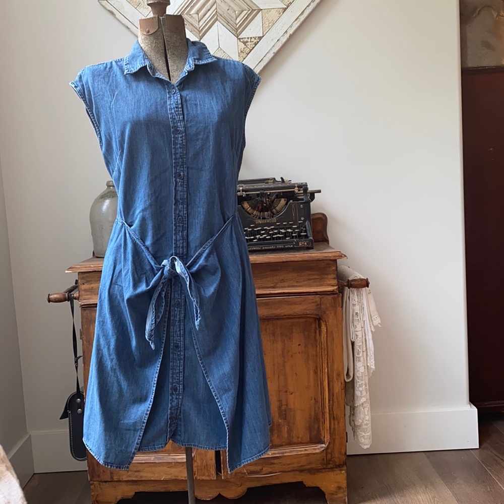 Sleeveless Blue Denim Shirt Dress with Tie Waist